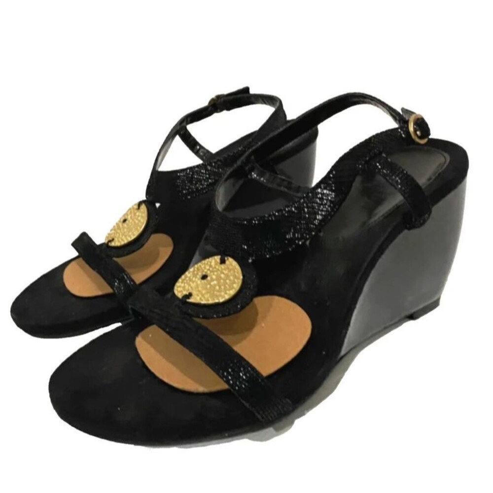 Anne Klein Black Wedge Sandals 11 Women Slingback T Strap Comfort Open Toe Shoes